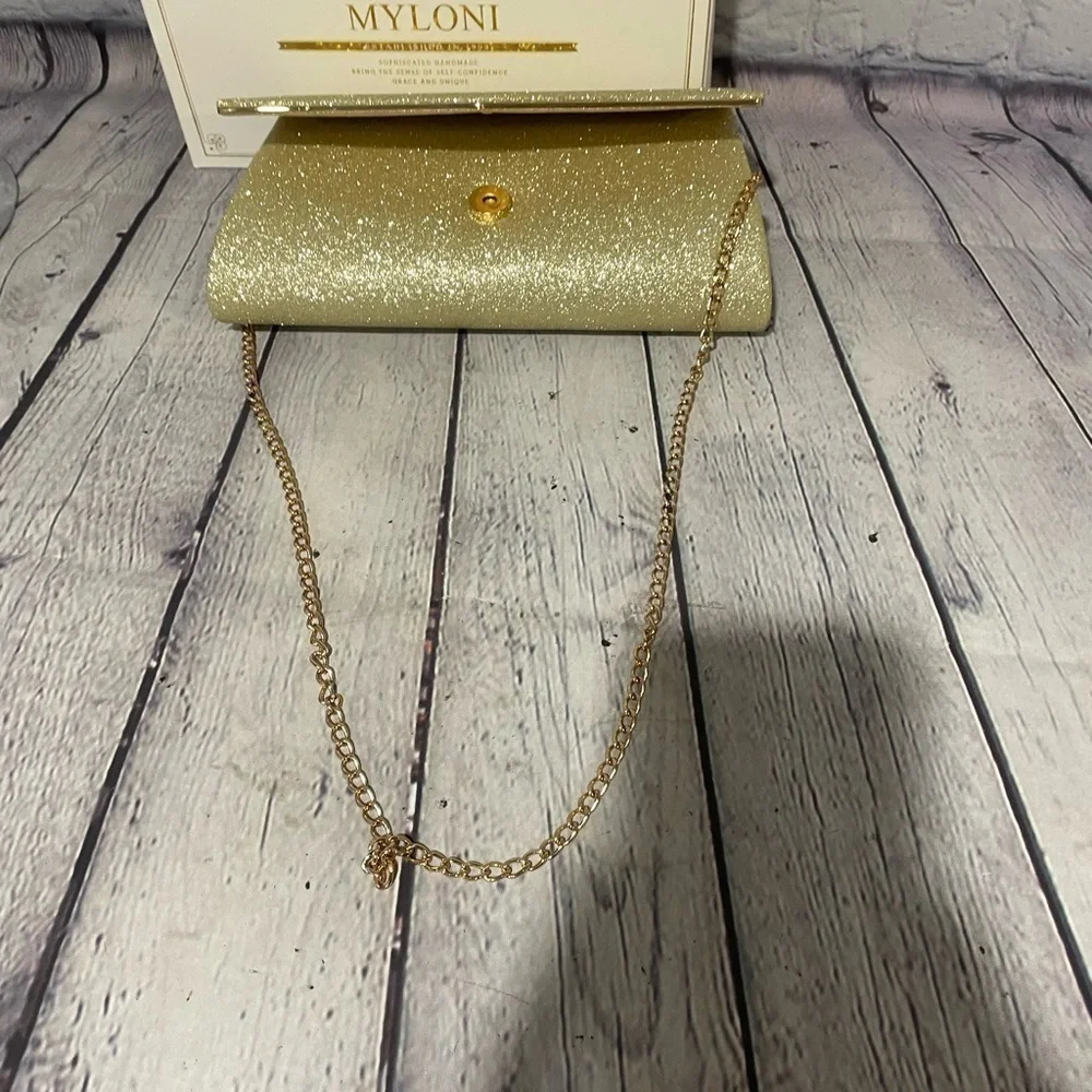 Myloni Gold Sparkling Envelope Clutch New in Box new with tags